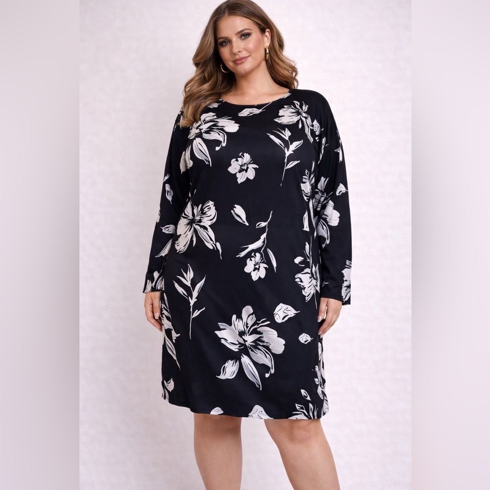 🔥 Avantlook Black Floral Long Sleeve Dress | Plus Size 1X | Neiman Marcus NWT